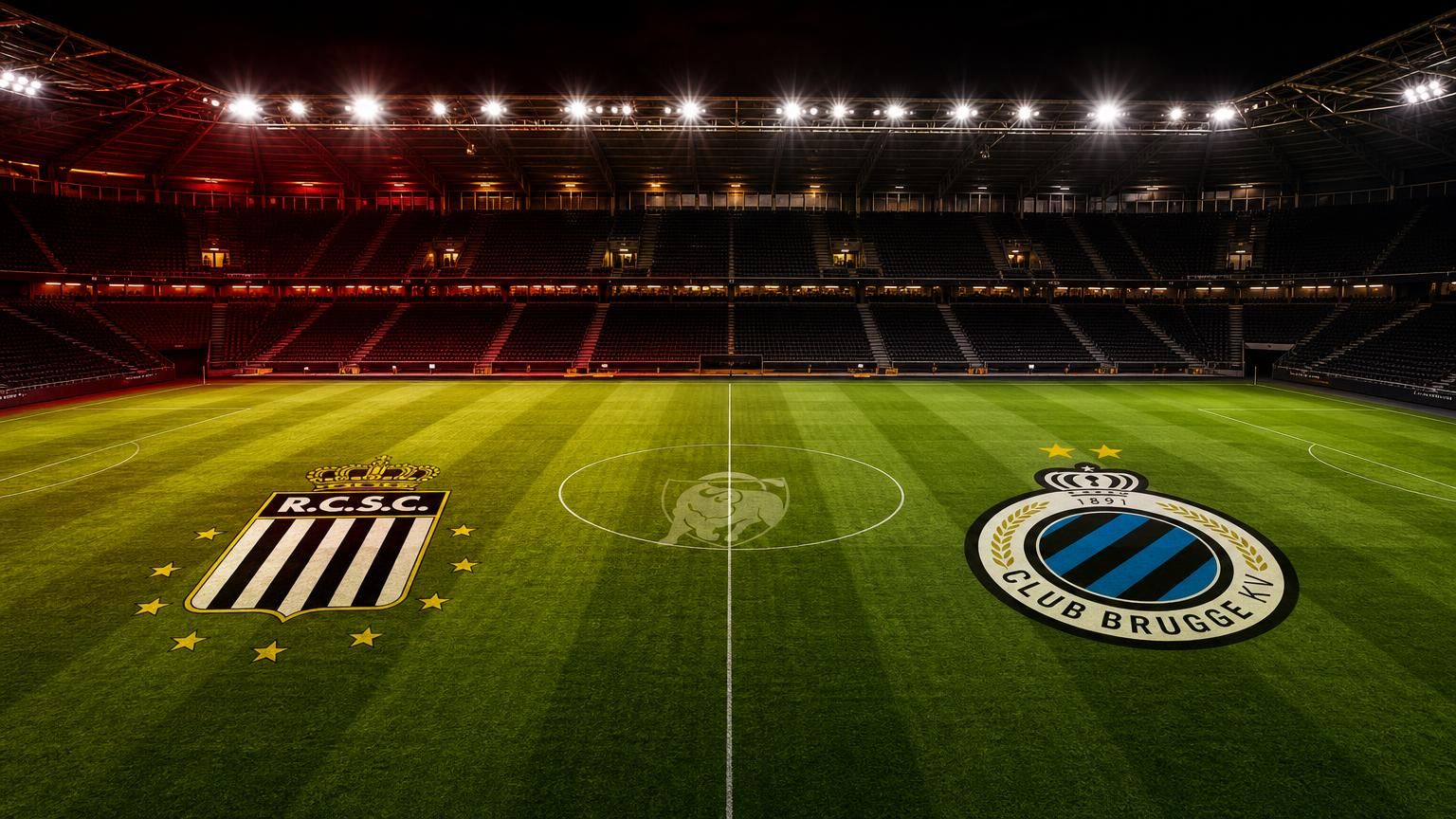 Stadioncompositie met Sporting Charleroi centraal als leider en Club Brugge als onttroonde koploper
