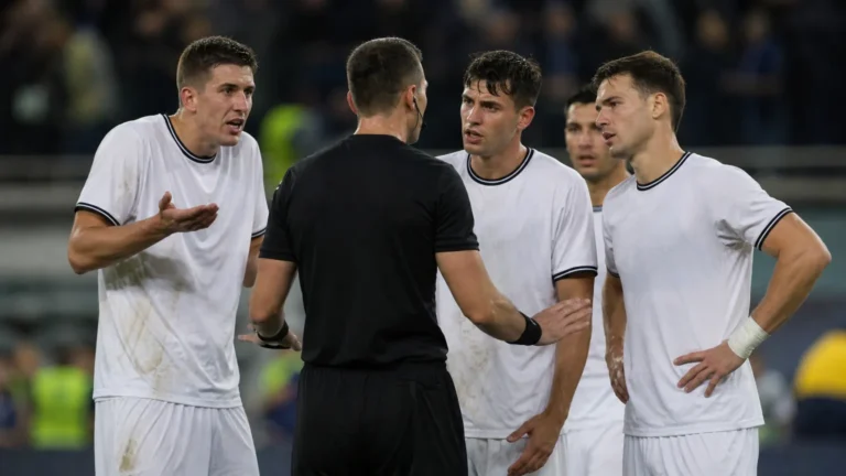 Een scheidsrechter praat na afloop op het veld met enkele spelers.