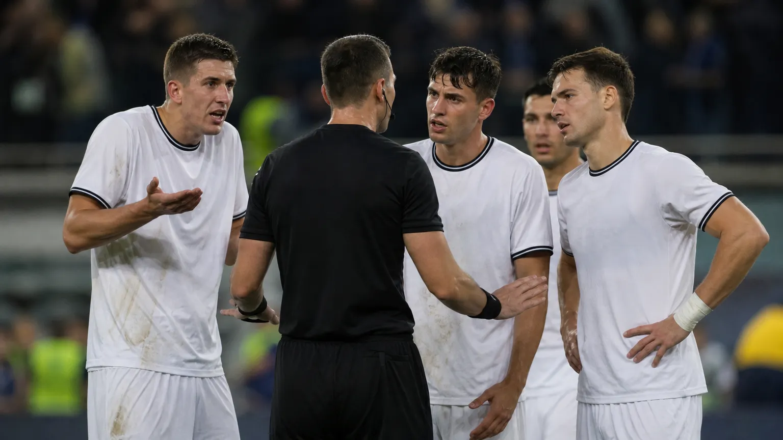 Een scheidsrechter praat na afloop op het veld met enkele spelers.