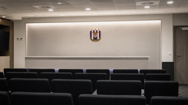 Rustige persruimte met een discreet RSC Anderlecht-embleem op de wand.