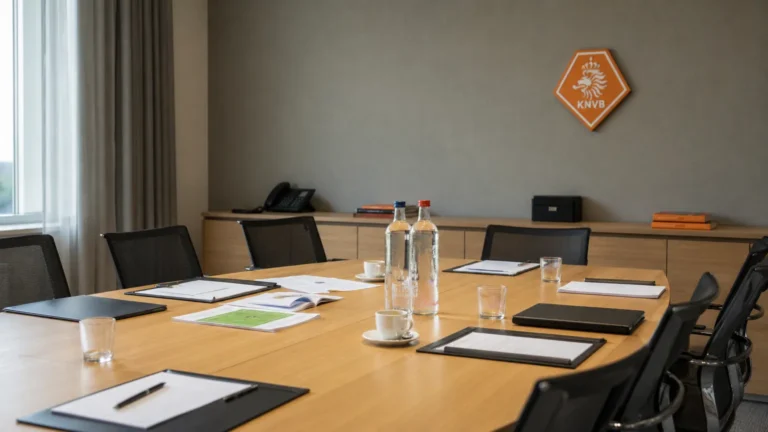 Een rustige vergaderruimte van de KNVB met een discreet embleem op de wand.