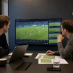 Medewerkers overleggen in een operationele kantoorruimte van Club Brugge.