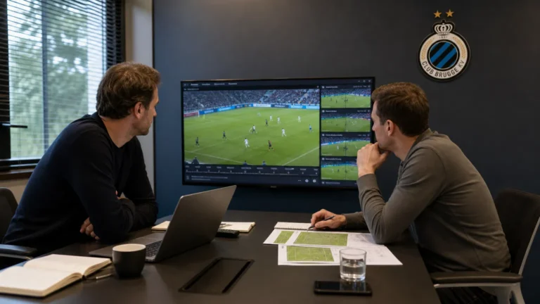 Medewerkers overleggen in een operationele kantoorruimte van Club Brugge.