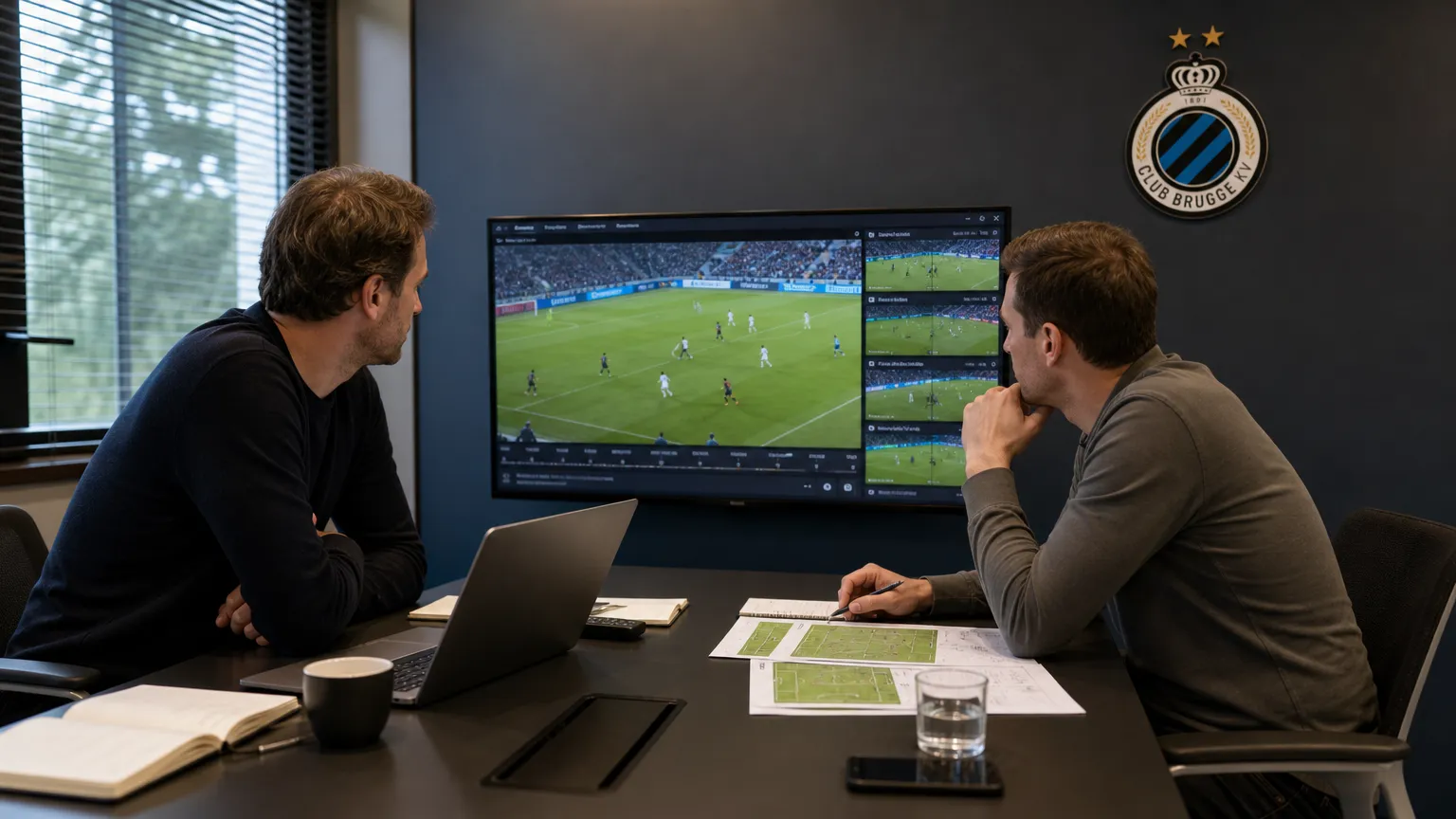 Medewerkers overleggen in een operationele kantoorruimte van Club Brugge.