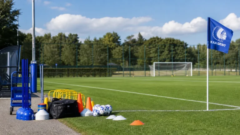 Een leeg trainingsveld met oefenmateriaal en een KAA Gent-vlag aan de rand.