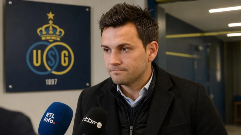 Philippe Bormans spreekt na een Europese wedstrijd in een mediazone van Union.