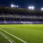Verlicht wedstrijdveld in het stadion van RSC Anderlecht voor een Europese kwalificatiewedstrijd.