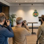 Persfotografen en bezoekers in een verlichte presentatieruimte van SK Beveren.
