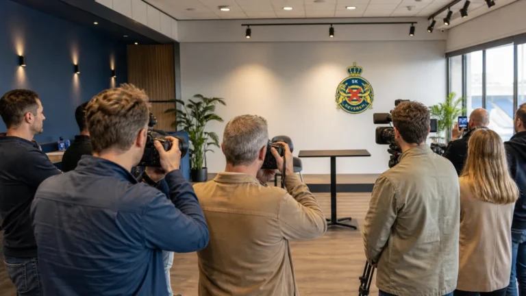 Persfotografen en bezoekers in een verlichte presentatieruimte van SK Beveren.