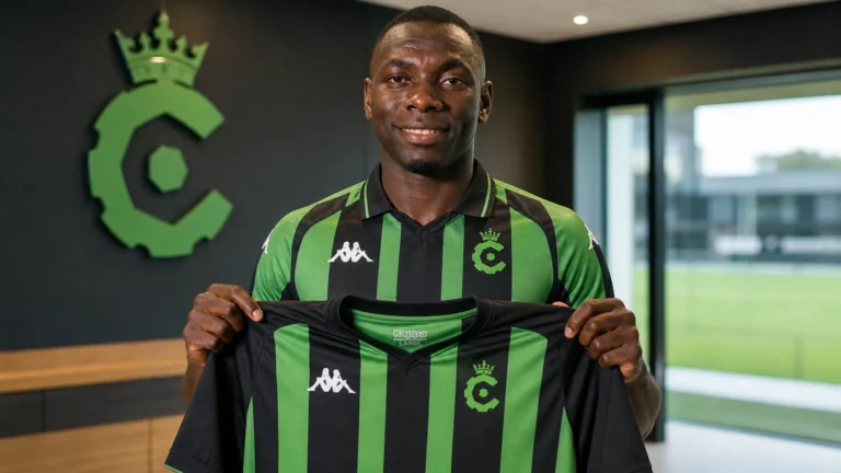 Abdoulie Manneh poseert met het shirt van Cercle Brugge tijdens zijn officiële voorstelling.