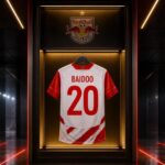 Centraal Salzburg-shirt met BAIDOO 20 in een futuristische kleedkamer met rood-gouden lichtaccenten