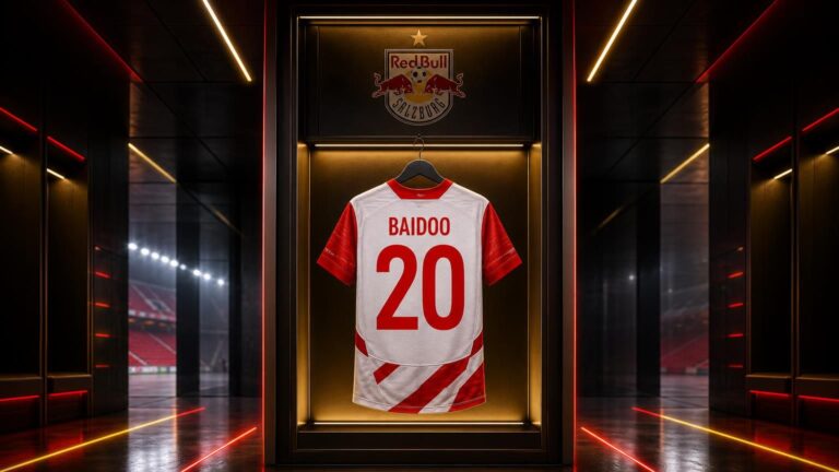Centraal Salzburg-shirt met BAIDOO 20 in een futuristische kleedkamer met rood-gouden lichtaccenten