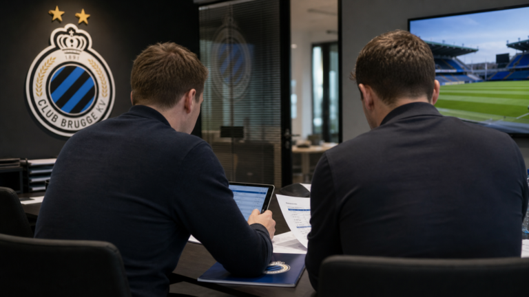 Medewerkers van Club Brugge bekijken documenten in een transferkantoor.