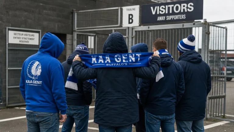 KAA Gent-supporters met clubkleuren bij een stadioningang