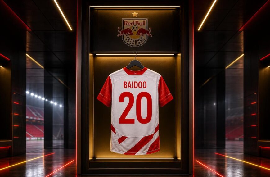 Centraal Salzburg-shirt met BAIDOO 20 in een futuristische kleedkamer met rood-gouden lichtaccenten