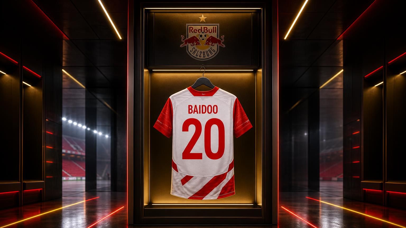Centraal Salzburg-shirt met BAIDOO 20 in een futuristische kleedkamer met rood-gouden lichtaccenten