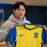 Minhyeok Yang toont het shirt van KVC Westerlo tijdens zijn officiële voorstelling.