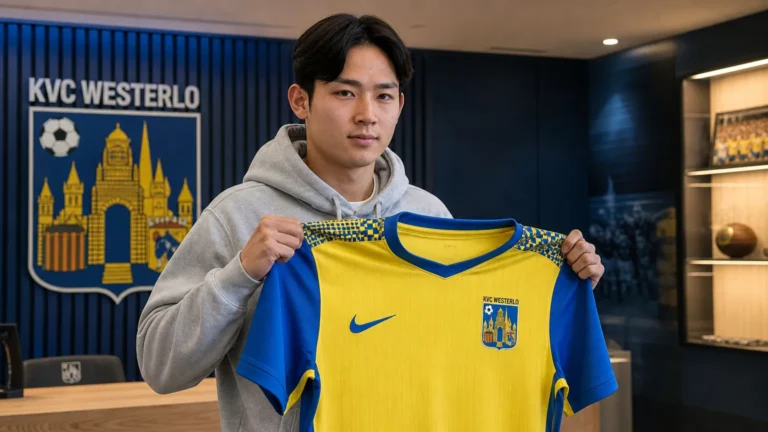 Minhyeok Yang toont het shirt van KVC Westerlo tijdens zijn officiële voorstelling.