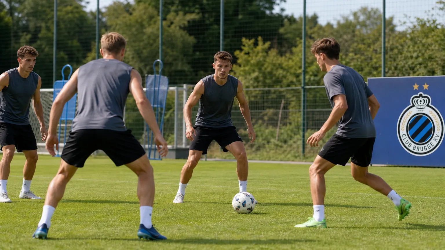 Spelers tijdens een ochtendtraining op het trainingsveld van Club Brugge.