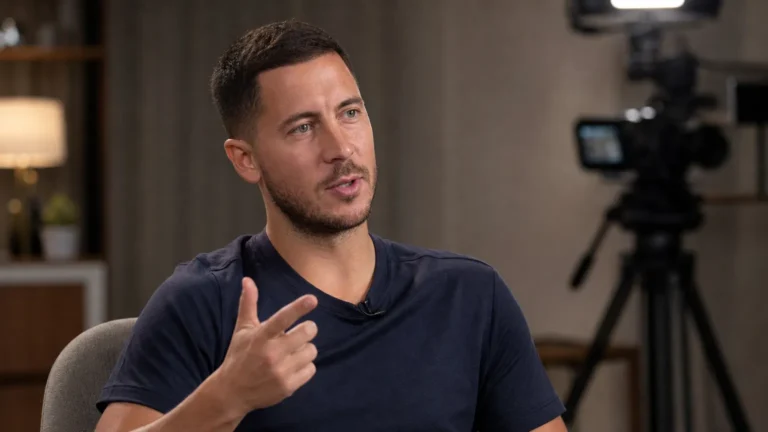 Eden Hazard tijdens een rustig interview in een neutrale documentairestudio.