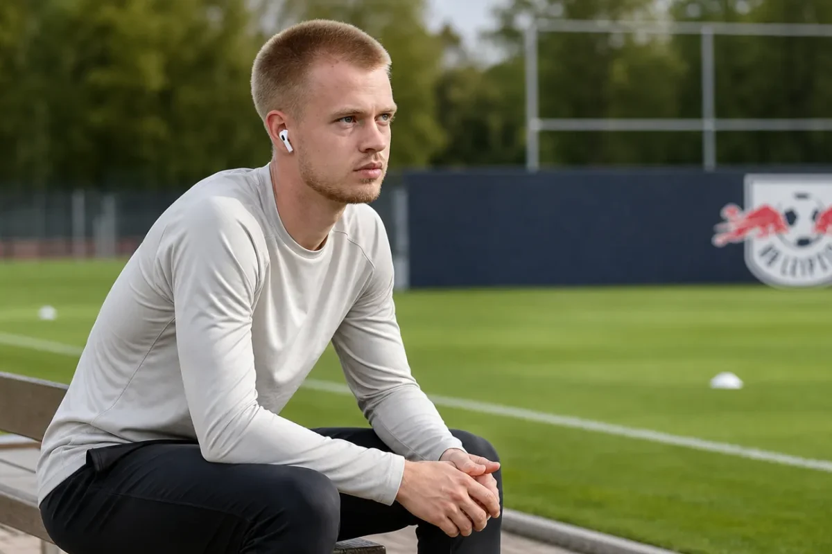 Arthur Vermeeren zit naast een trainingsveld met een discreet RB Leipzig-bord op de achtergrond.
