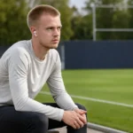 Arthur Vermeeren zit naast een trainingsveld met een discreet RB Leipzig-bord op de achtergrond.