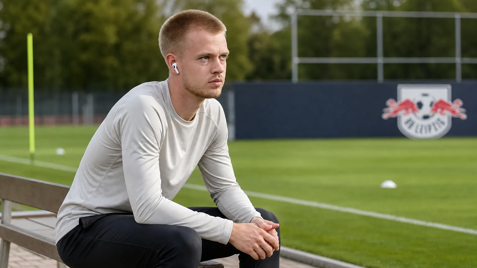 Arthur Vermeeren zit naast een trainingsveld met een discreet RB Leipzig-bord op de achtergrond.