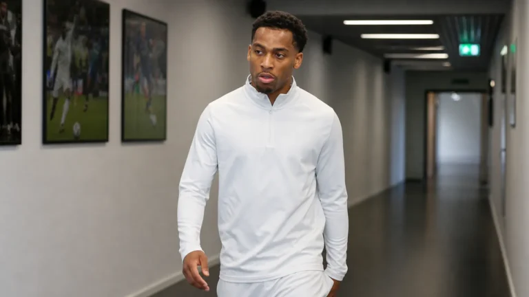 Quinten Timber in neutrale sportkleding in een indoor voetbalomgeving.