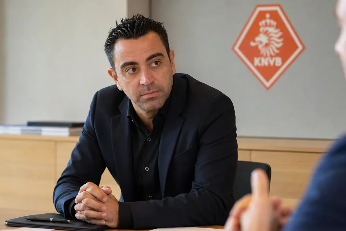 Xavi Hernández tijdens een gesprek aan een vergadertafel met een discreet KNVB-logo op de wand.