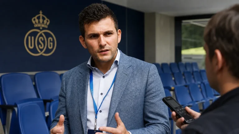 Philippe Bormans spreekt in een perszone van Union.