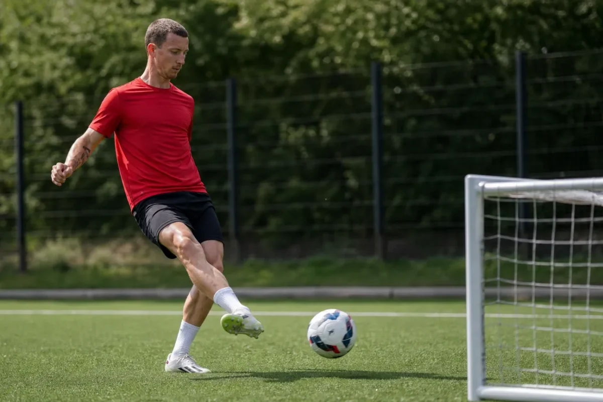 Glenn Bijl traint individueel met een bal op een oefenveld.