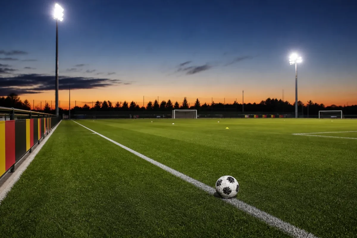 Een leeg verlicht voetbalveld met Belgische kleuren langs de zijlijn.