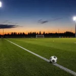 Een leeg verlicht voetbalveld met Belgische kleuren langs de zijlijn.