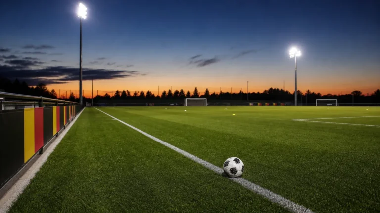 Een leeg verlicht voetbalveld met Belgische kleuren langs de zijlijn.
