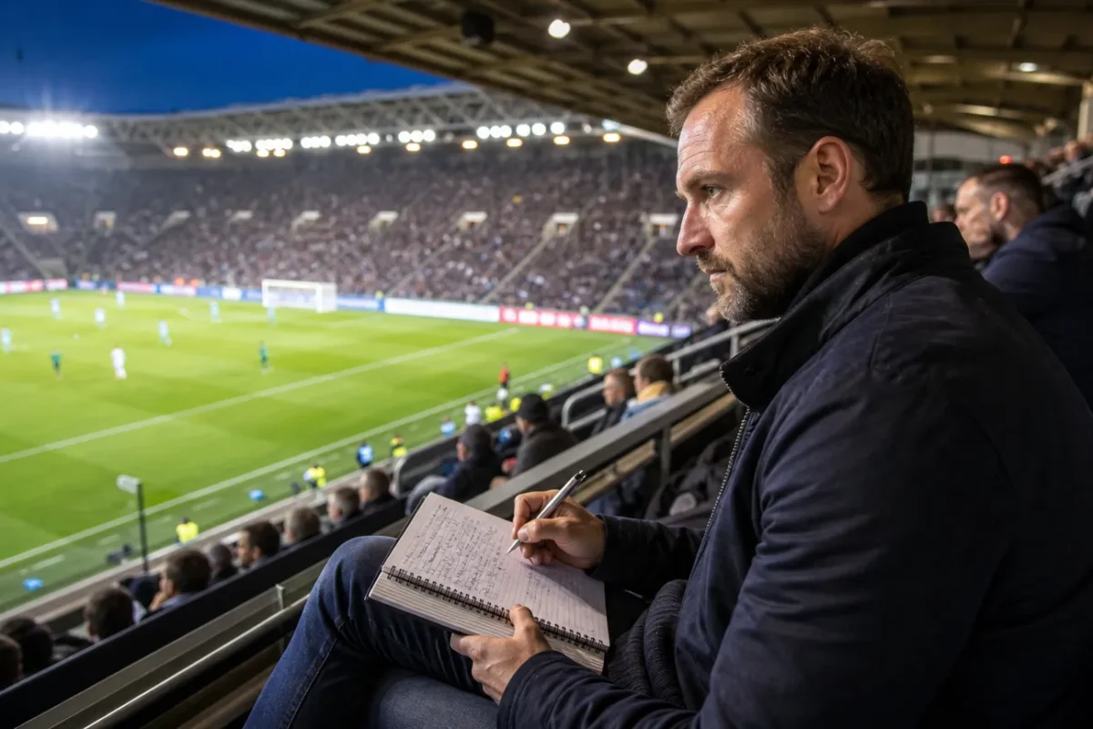 Een voetbalwaarnemer maakt notities op de tribune tijdens een wedstrijd.