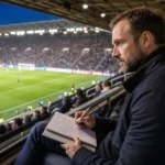 Een voetbalwaarnemer maakt notities op de tribune tijdens een wedstrijd.