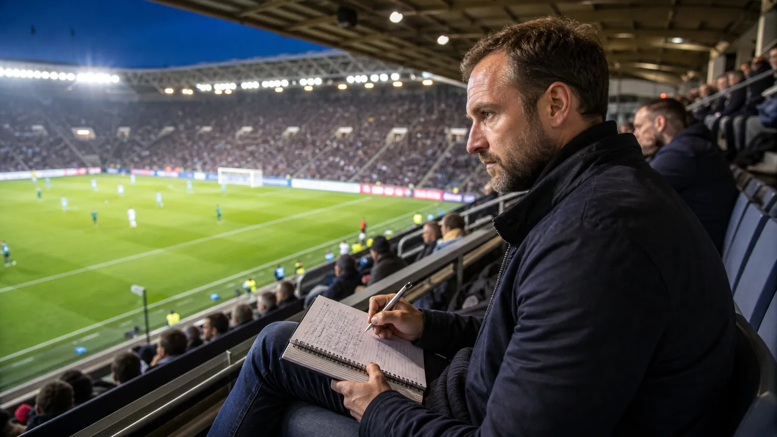 Een voetbalwaarnemer maakt notities op de tribune tijdens een wedstrijd.