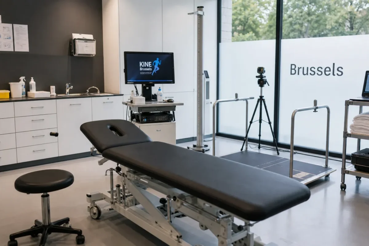 Voorbereide onderzoeksruimte in een sportmedische kliniek in Brussel