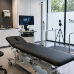 Voorbereide onderzoeksruimte in een sportmedische kliniek in Brussel