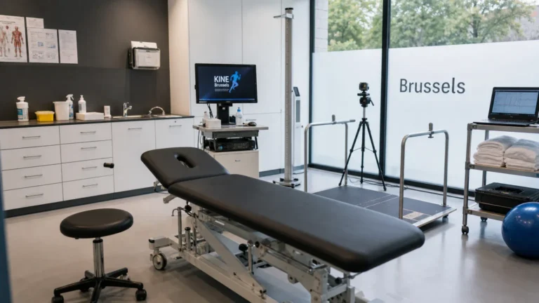 Voorbereide onderzoeksruimte in een sportmedische kliniek in Brussel