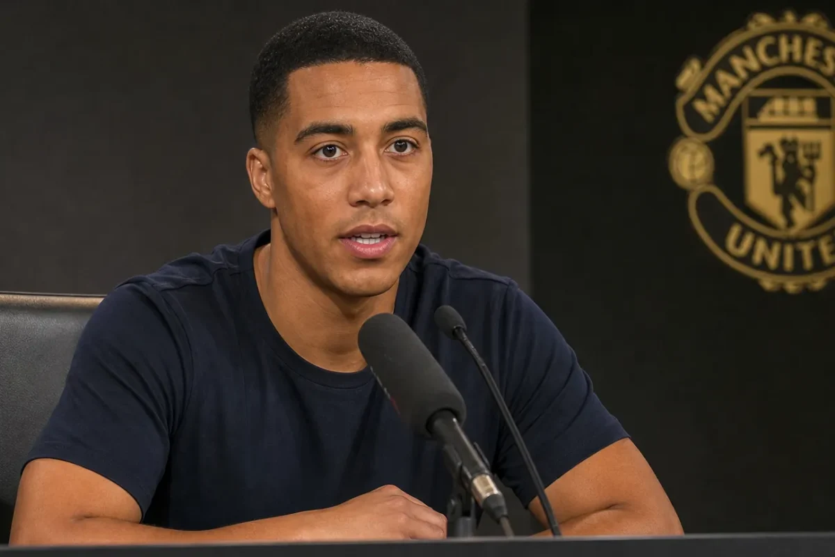 Youri Tielemans spreekt op een persconferentie van Manchester United.
