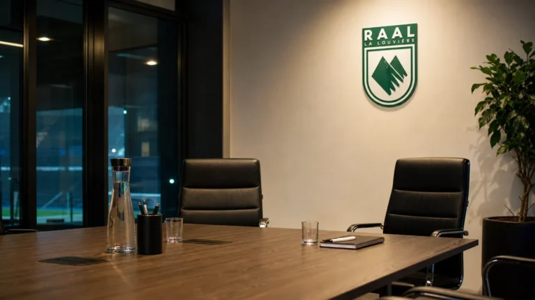 Verlichte vergaderruimte in een clubgebouw met een discreet RAAL La Louvière-embleem aan de wand.