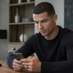 Cristiano Ronaldo kijkt naar zijn smartphone in een rustige binnenruimte.