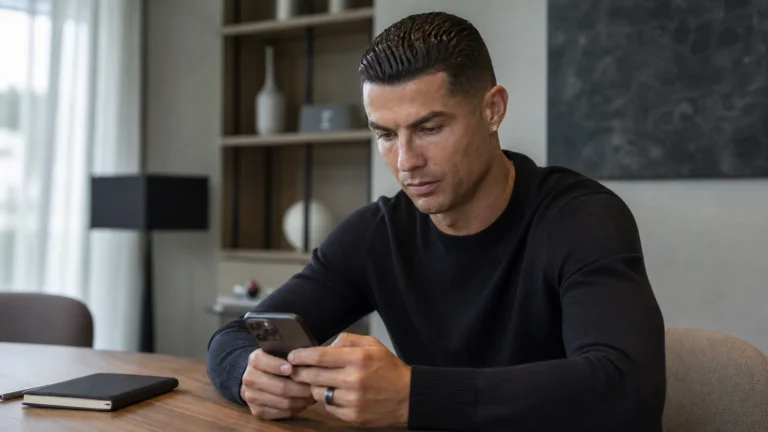 Cristiano Ronaldo kijkt naar zijn smartphone in een rustige binnenruimte.