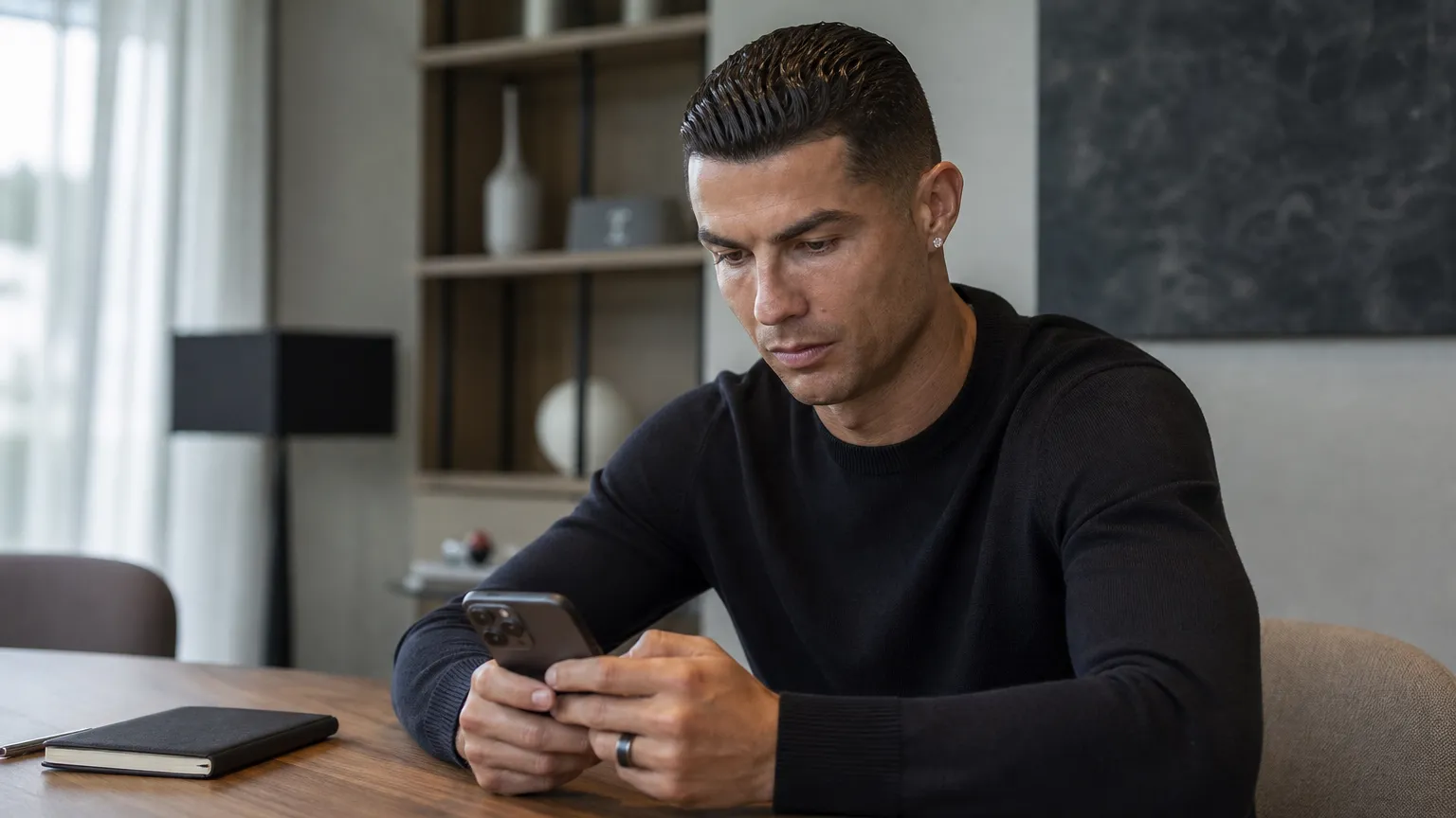 Cristiano Ronaldo kijkt naar zijn smartphone in een rustige binnenruimte.