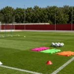 Een voorbereid trainingsveld van Sevilla met kegels en trainingsmateriaal.