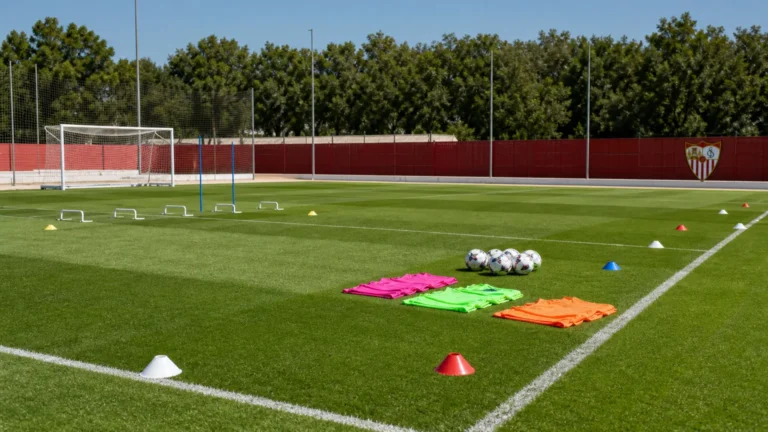 Een voorbereid trainingsveld van Sevilla met kegels en trainingsmateriaal.
