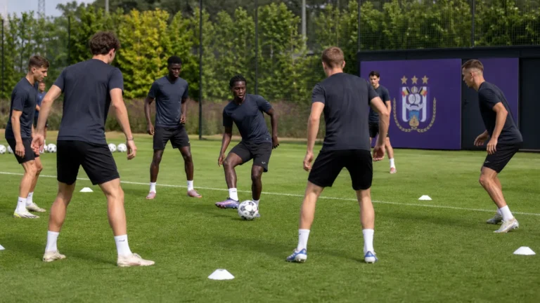 Spelers werken een positiespel af op het trainingscomplex van RSC Anderlecht.