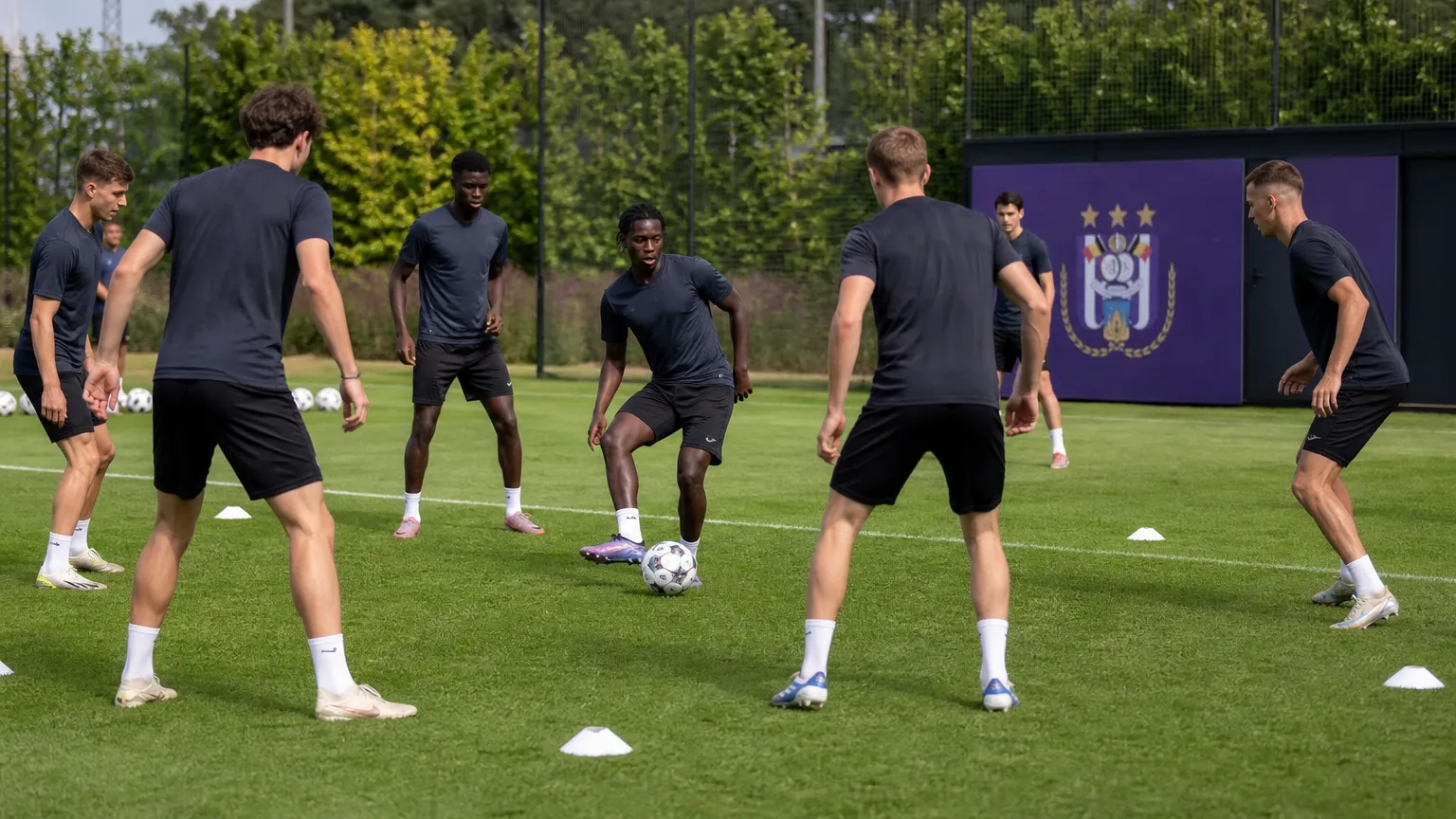 Spelers werken een positiespel af op het trainingscomplex van RSC Anderlecht.