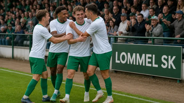 Een groep Lommel SK-spelers viert samen langs het veld.
